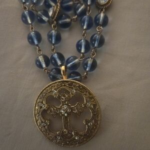 Gold and Blue Beaded Magdelina Cross Pendant Necklace VIRGINS SAINTS AND ANGELs.